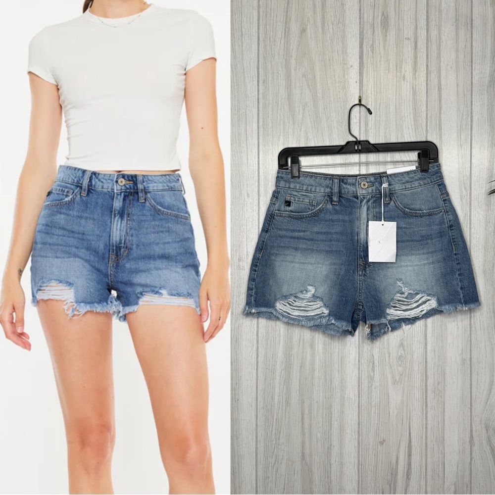 NWT KanCan Marie High Rise Stretch Mom Shorts Distressed Cutoff Raw Hem M Medium